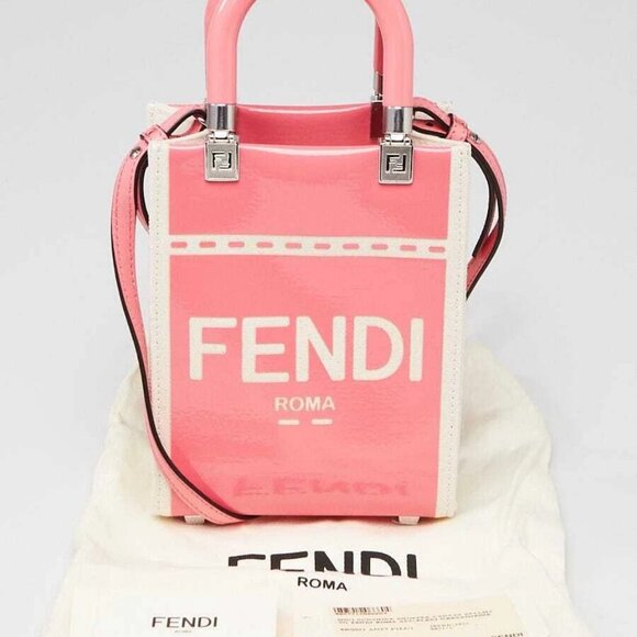 Fendi Beige/Pink Patent Leather and Canvas Sunshine Mini Crossbody Tote Bag - Picture 1 of 11
